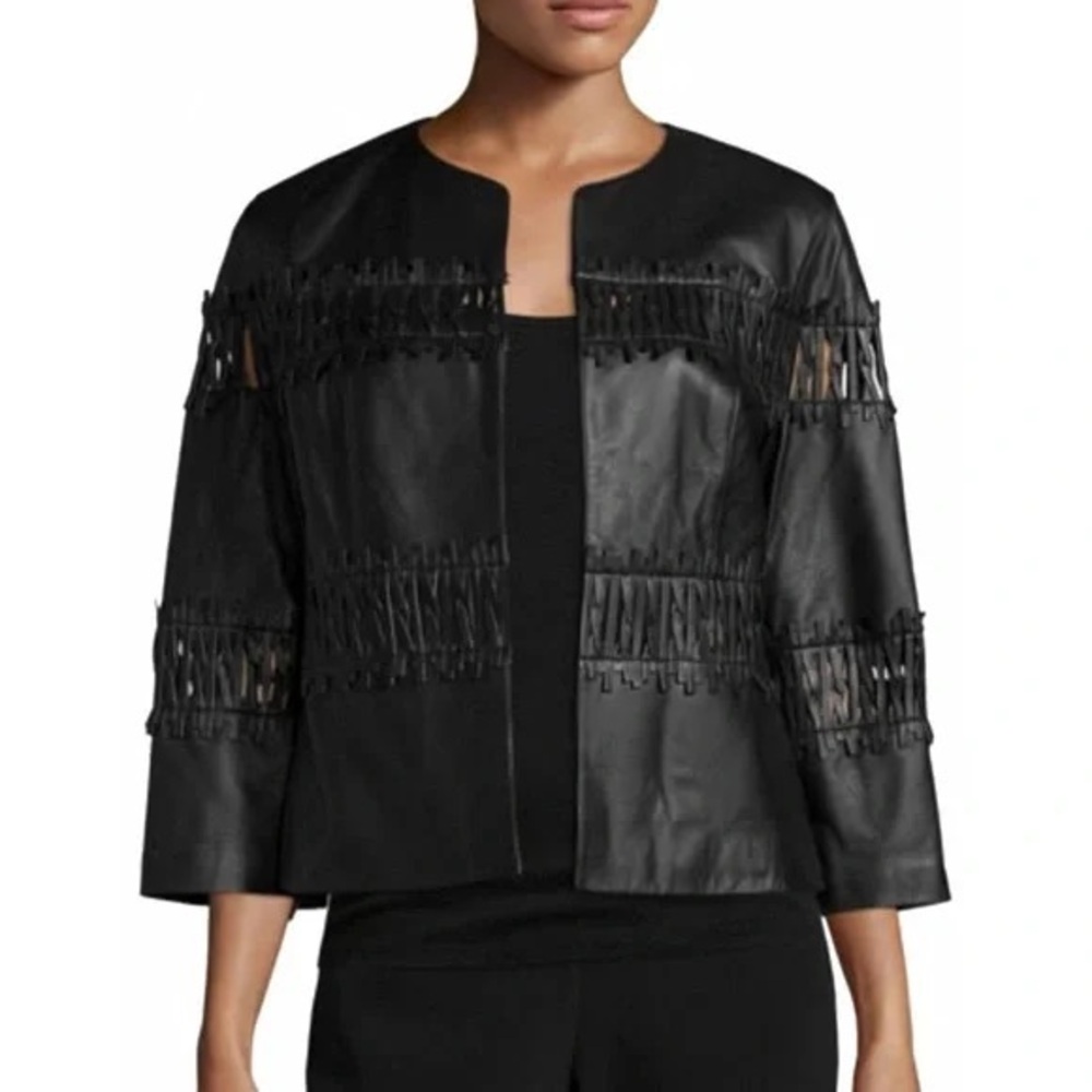 lafayette 148 woven insert crew neck brown leather jacket